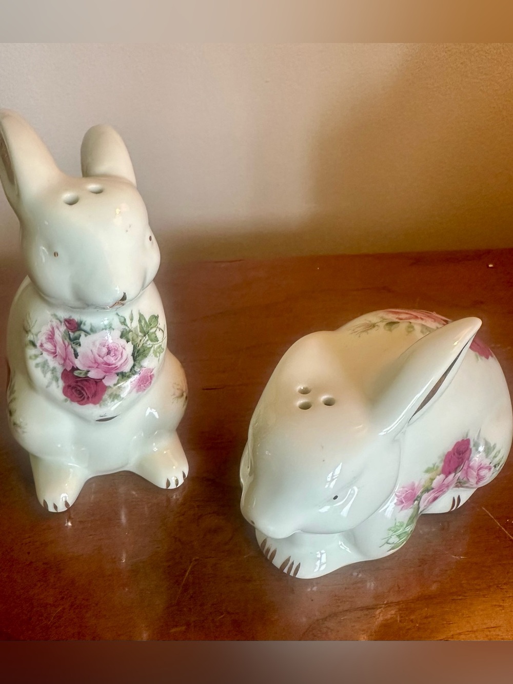 Vintage Victorian Rose Porcelain Bunny Salt and Pepper Shakers